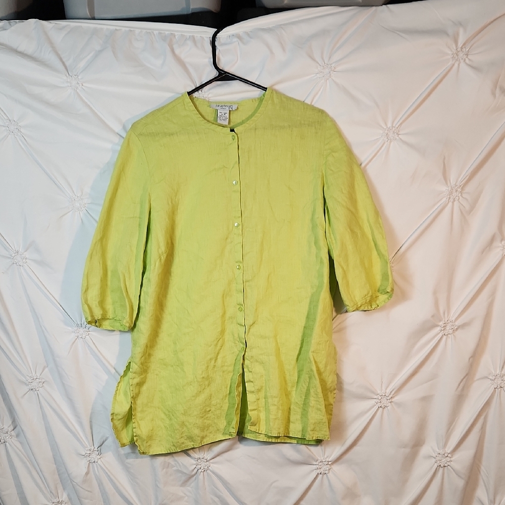 Paraphrase  Linen Lime Green Button-Up Tunic Top